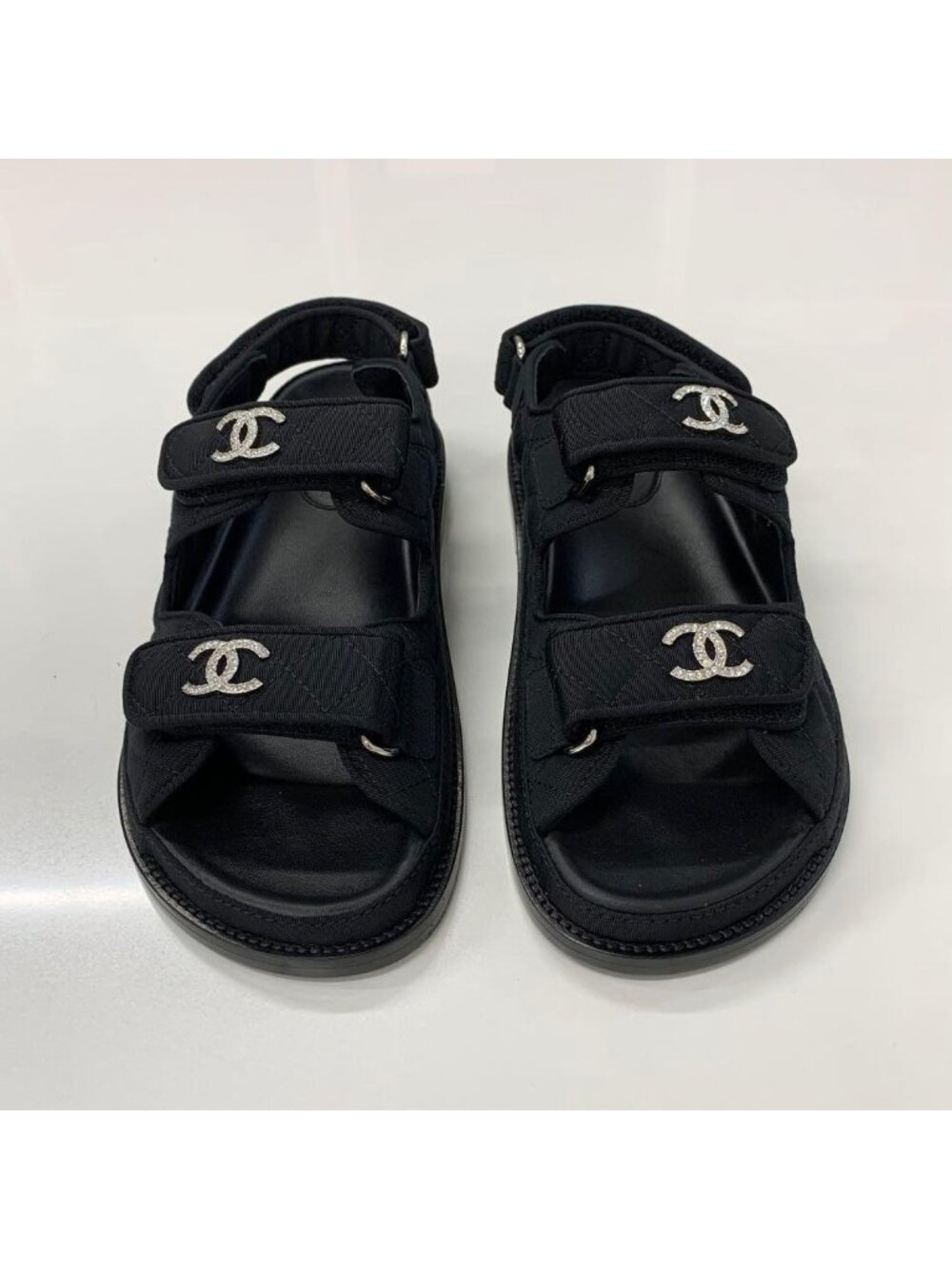 Chanel Fabric CC Logo Rhinestone Velcro Sandals - Picture 2 of 10